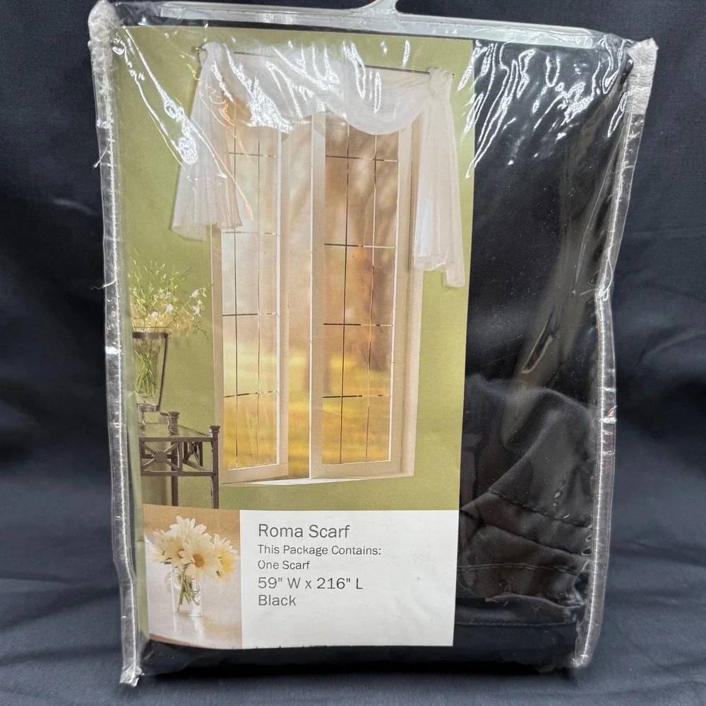 S. Lichtenberg Roma Black Sheer Voile Window Scarf Valance 59 x 216 Curtain New